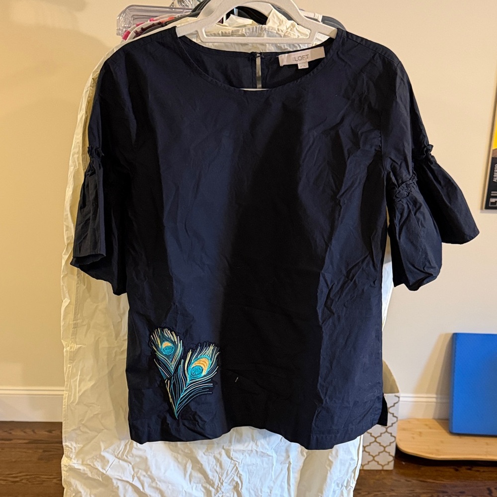LOFT Black Peplum Sleeve Top with Peacock Feather Embroidery